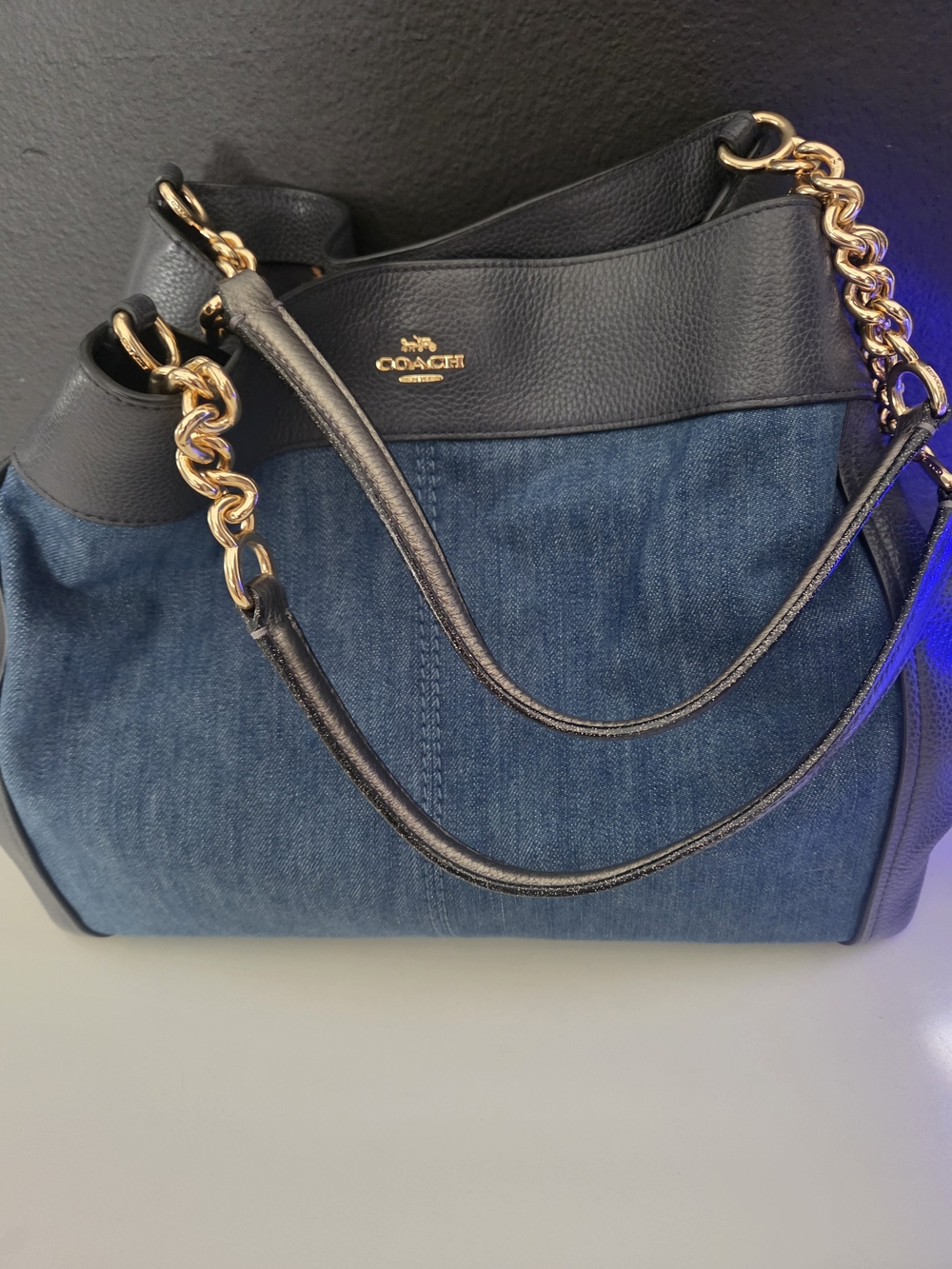 Coach Lexy Denim & Black Leather Tote Bag with Gold Chain RARE FIND